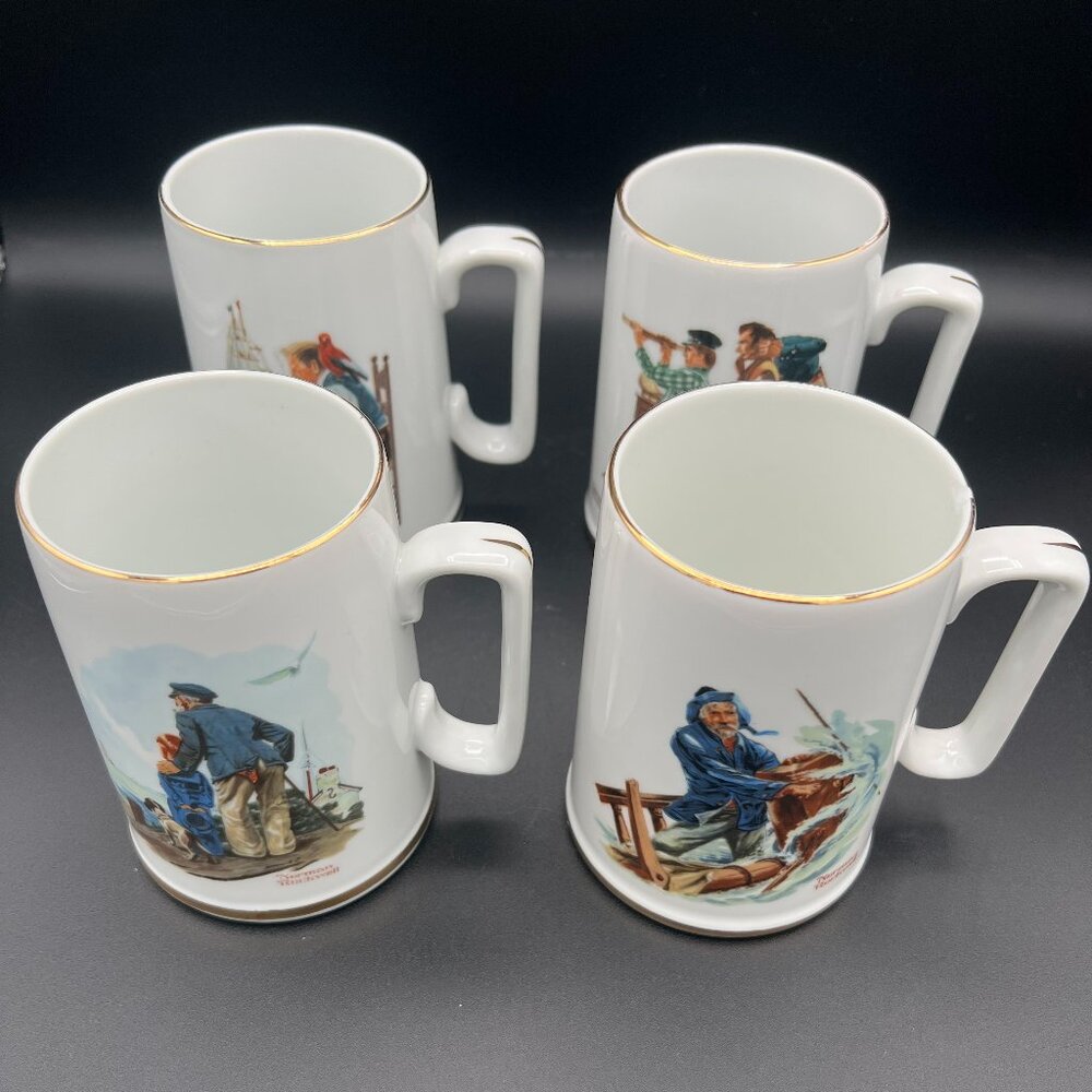 Vintage 1985 Norman Rockwell Seafarer’s Collection Porcelain Coffee Mugs (4)